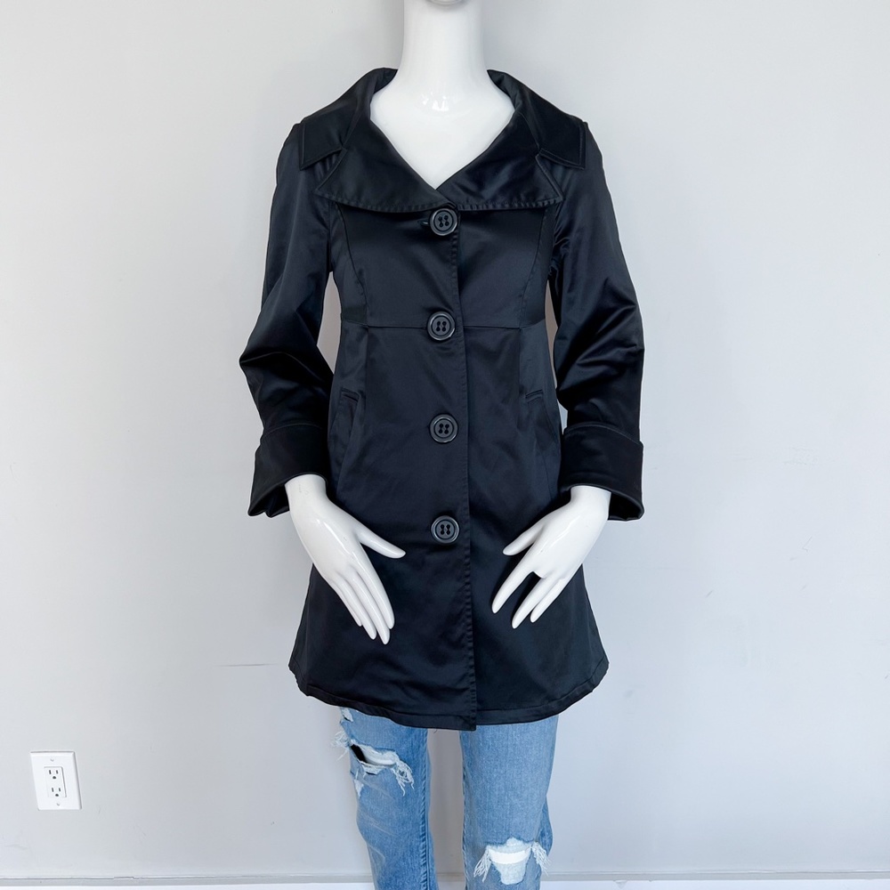 Motivi | Black Satin Peacoat Empire Waist Overcoat Jacket Fitted Dress Coat US4 - Picture 3 of 10